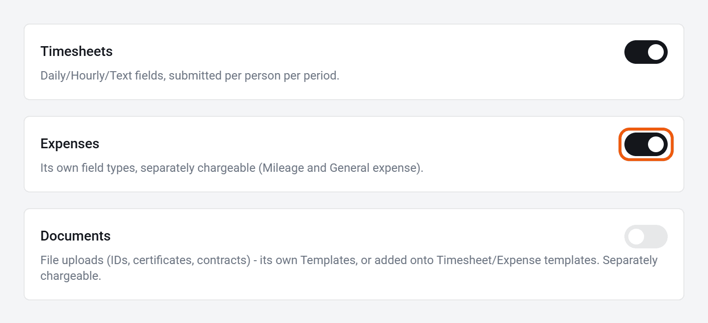 Module settings with Timesheets, Expenses and Documents, and the Expenses switch ringed.