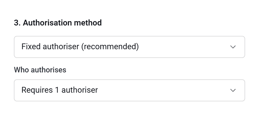 The Authorisation method and Who authorises boxes in Add template, set to Fixed authoriser and Requires 1 authoriser.
