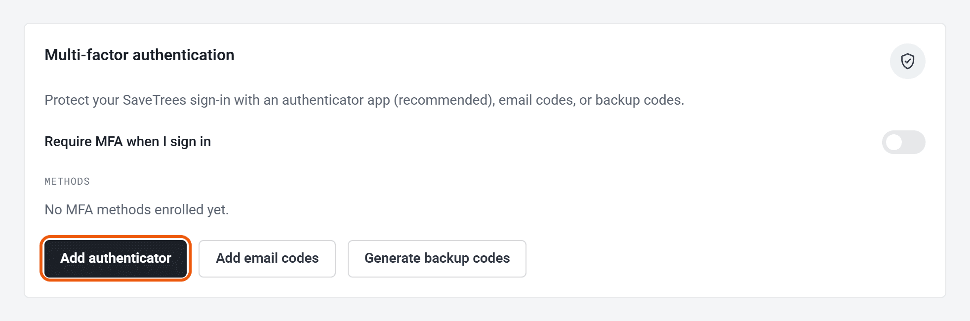 The Multi-factor authentication card, with the Add authenticator button ringed.
