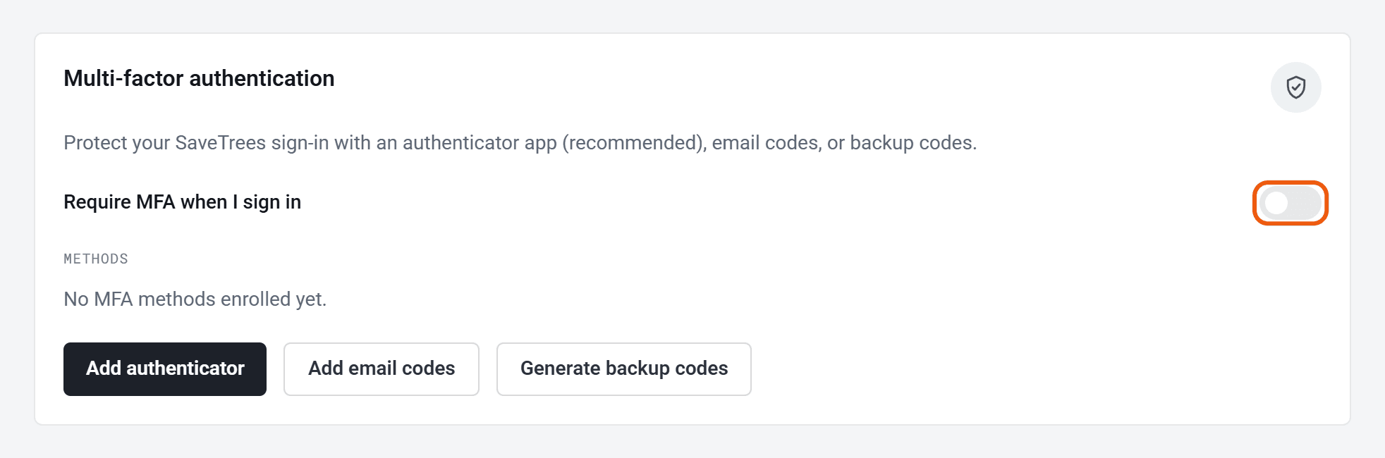 The Multi-factor authentication card, with the Require MFA when I sign in switch ringed.