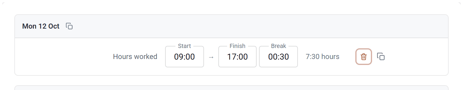Monday 12 October filled in: Start 09:00, Finish 17:00, Break 00:30, which comes to 7:30 hours.