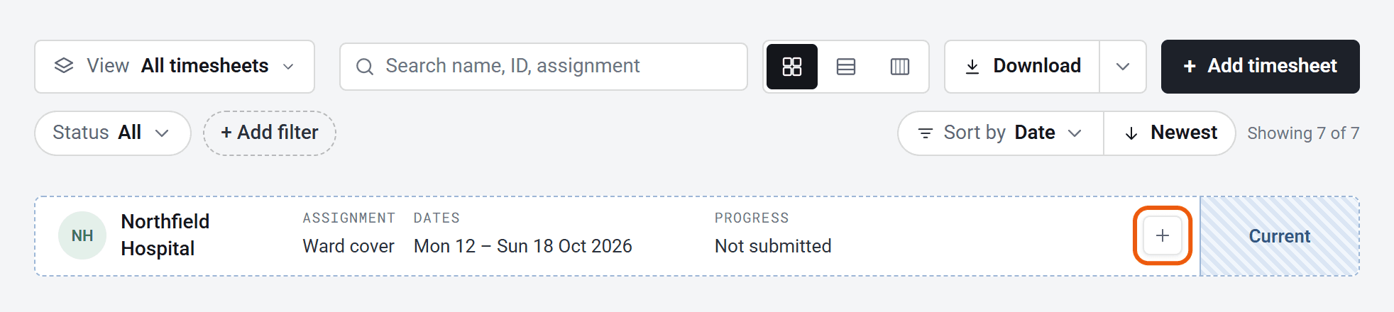 The Timesheets list. The first card is for Mon 12 to Sun 18 Oct 2026, marked Current, with its + button ringed.