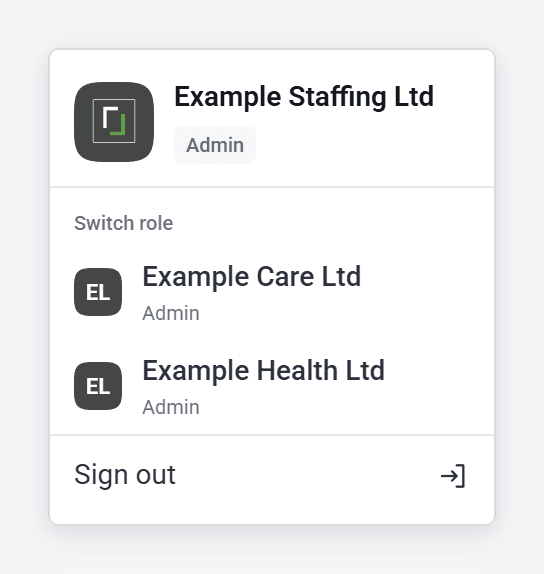 The open menu: the current organisation at the top, two more organisations under Switch role, and Sign out at the bottom.