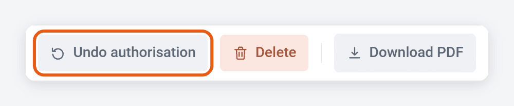 The buttons at the bottom of an Accepted timesheet: Undo authorisation (ringed), Delete and Download PDF.
