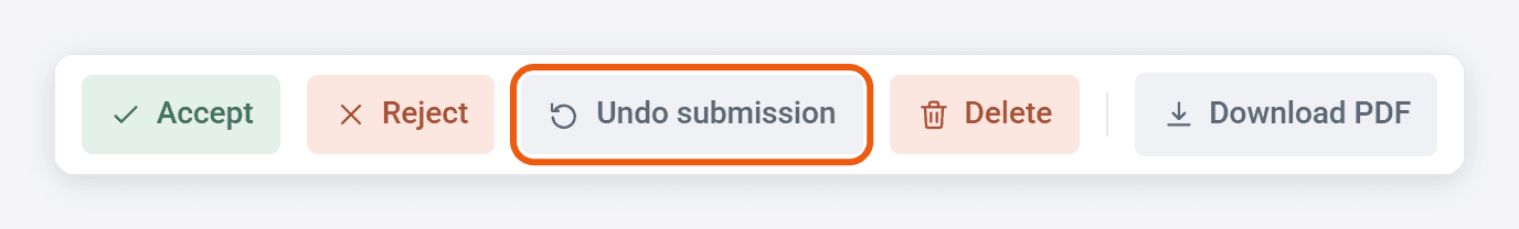 The buttons at the bottom of a Pending timesheet: Accept, Reject, Undo submission (ringed), Delete and Download PDF.