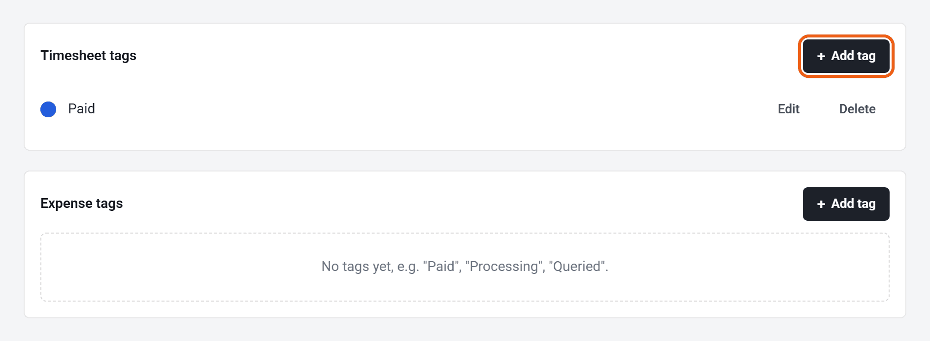 The Timesheet tags box with a Paid tag, and the Expense tags box, empty. The Add tag button for timesheets is ringed.