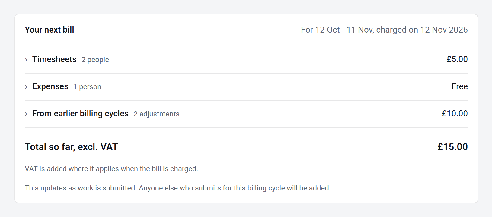 Your next bill: Timesheets 2 people £5.00, Expenses 1 person Free, From earlier billing cycles £10.00, Total so far excl. VAT £15.00.