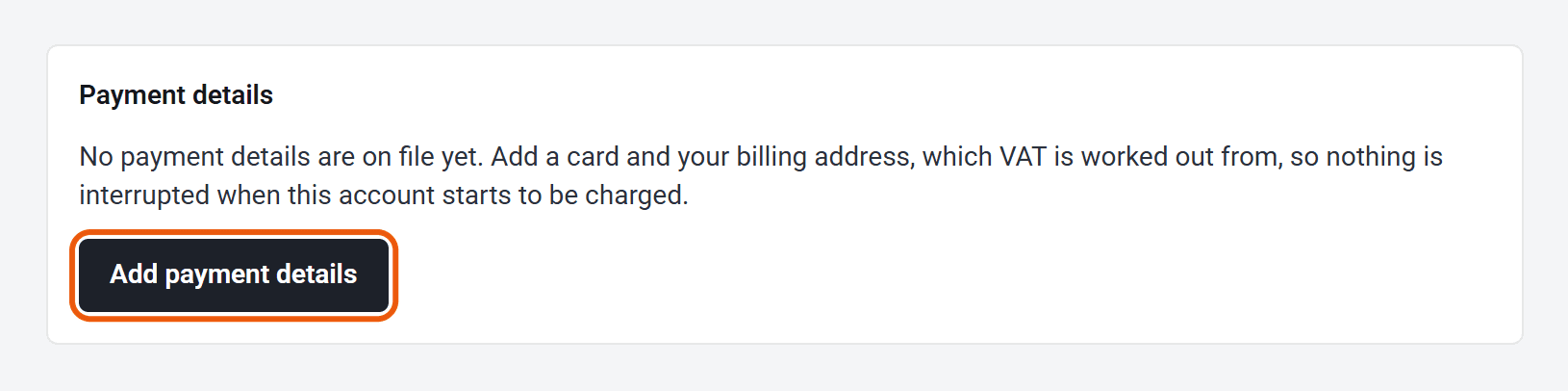 The Payment details card, with the Add payment details button ringed.