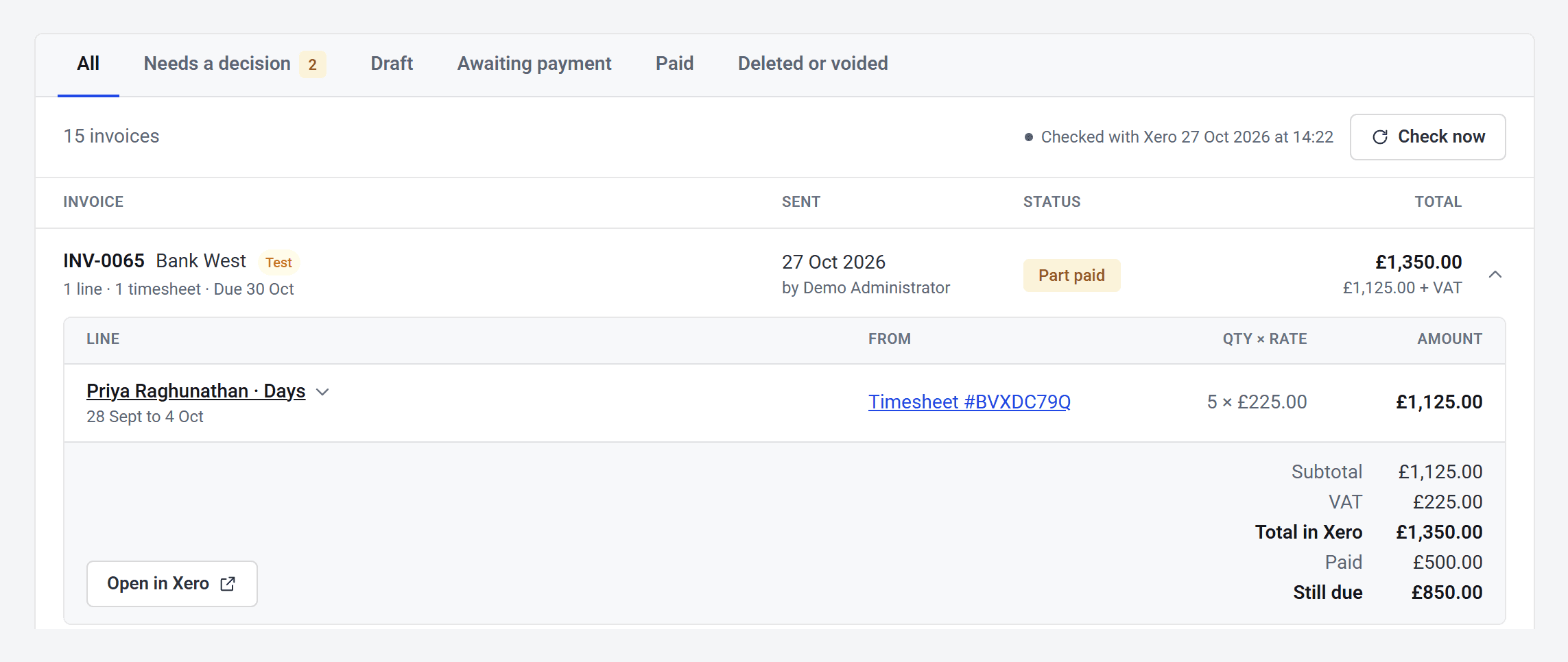 INV-0065 for Bank West opened: one line for Priya Raghunathan’s days from Timesheet #BVXDC79Q, £1,350.00 in Xero, £500.00 paid and £850.00 still due.