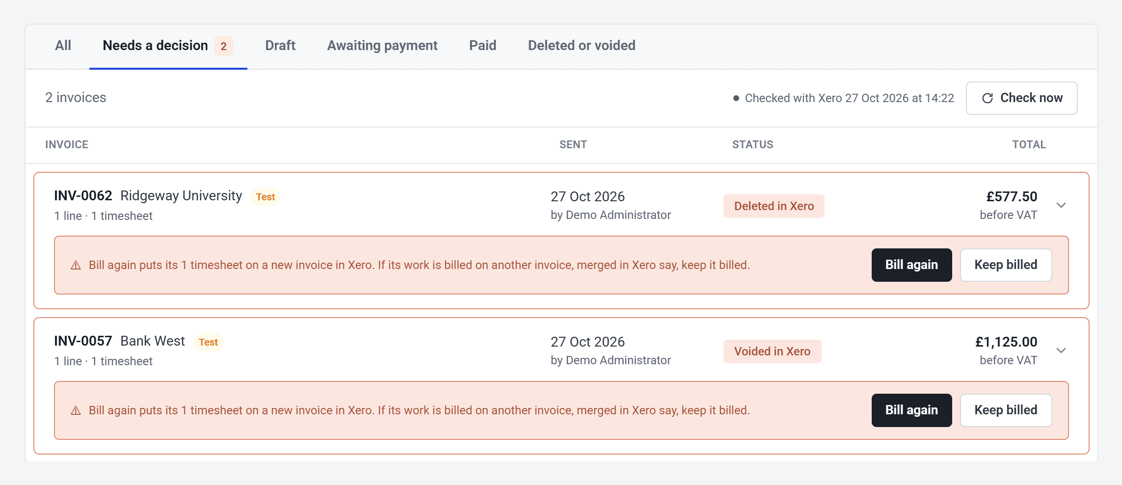 The Needs a decision tab with INV-0062, deleted in Xero, and INV-0057, voided in Xero, each with Bill again and Keep billed buttons.
