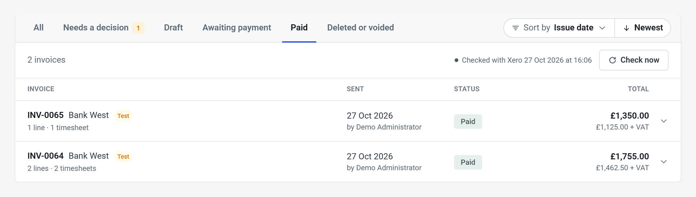 The Paid tab with INV-0065 and INV-0064 for Bank West, both Paid, £1,350.00 and £1,755.00.