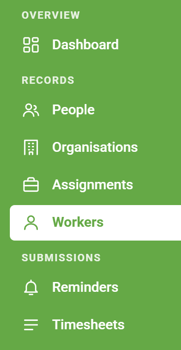 The menu on the left, with People, Organisations, Assignments and Workers under Records.
