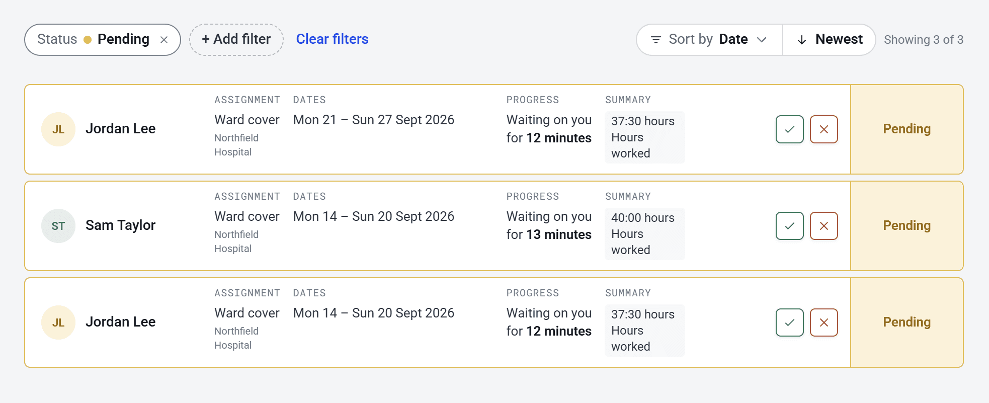 An authoriser’s Timesheets list, filtered to Pending, with three timesheets waiting on them.