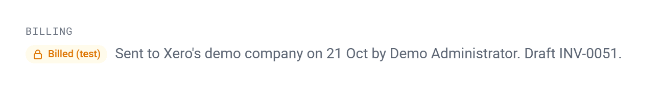The Billing line on a timesheet: Billed (test), sent to Xero’s demo company on 21 Oct, draft INV-0051.
