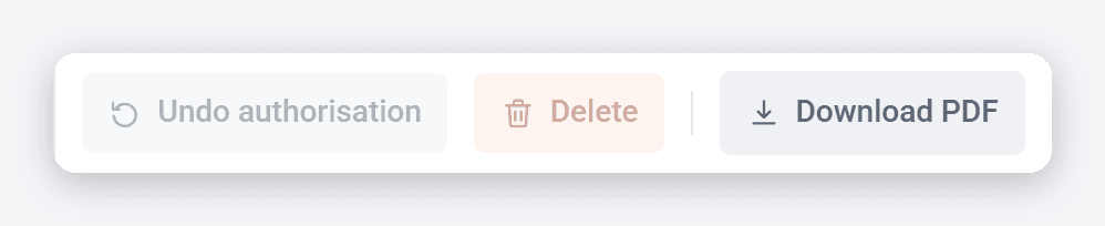 A billed timesheet’s buttons: Undo authorisation and Delete greyed out, Download PDF still available.