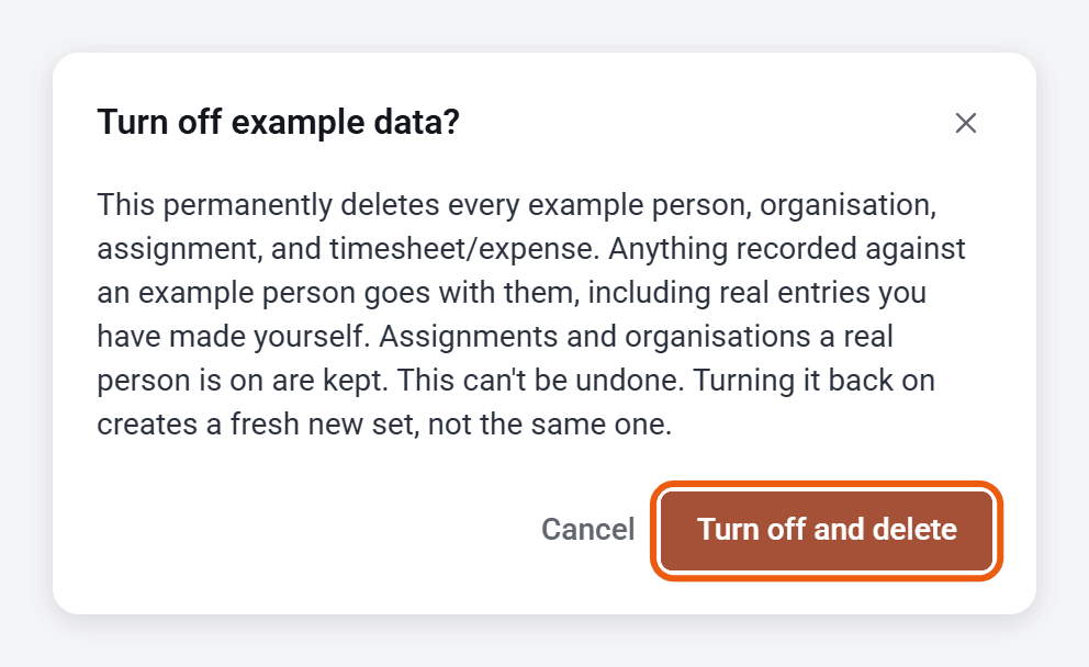 The Turn off example data? window, with the Turn off and delete button ringed.