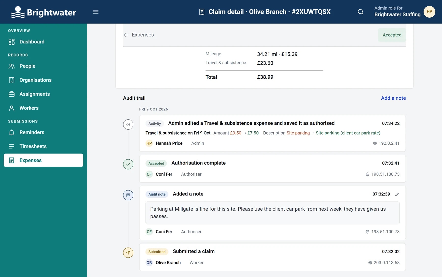 A claim's audit trail: submitted by Olive Branch, a note and acceptance from Coni Fer, then an edit by Hannah Price showing the old and new amounts, each with its time and IP address.