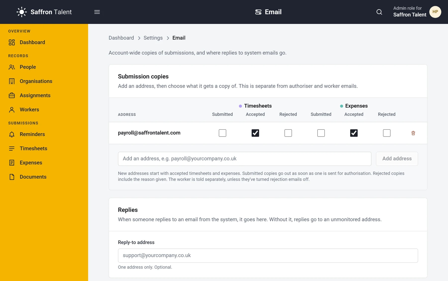 Email settings: payroll@saffrontalent.com gets a copy of every accepted timesheet and expense.