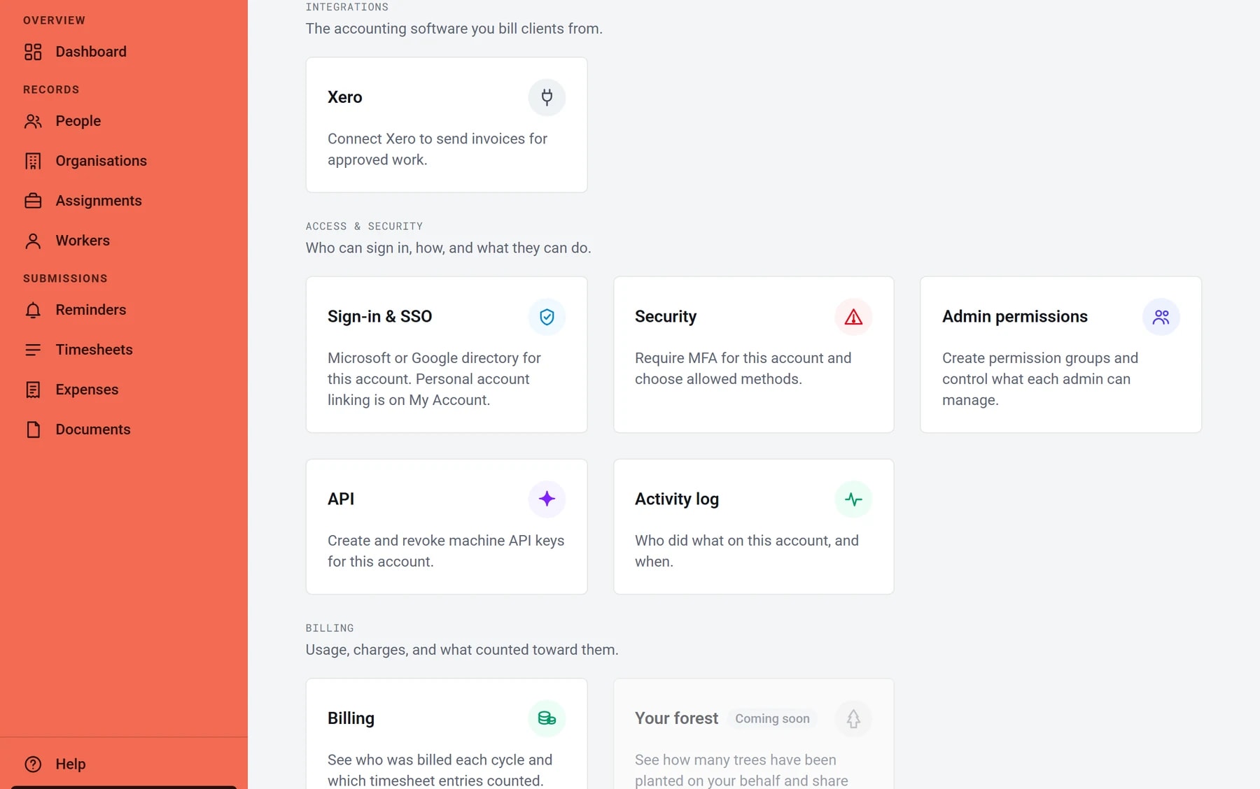 The Settings page's access and security cards: Sign-in and SSO, and Security, where MFA is required.