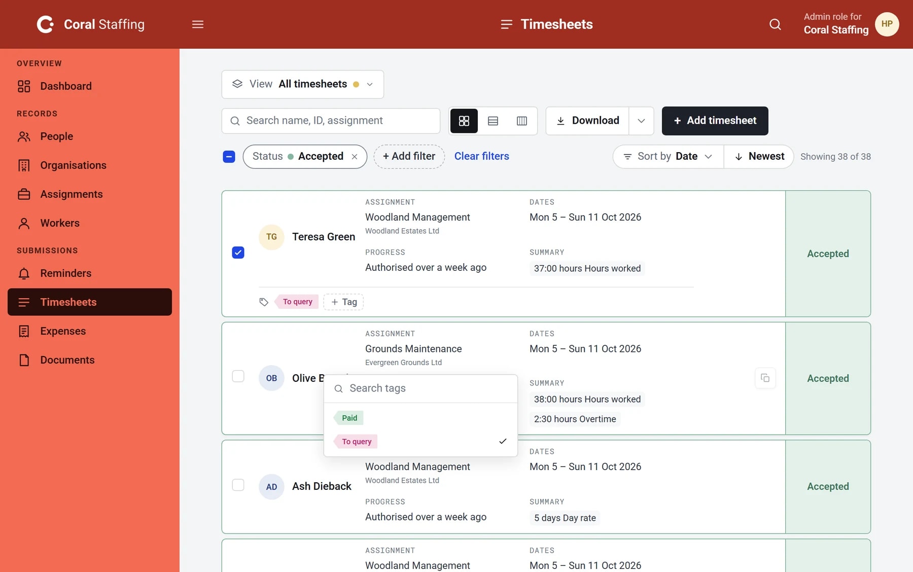 A timesheet card tagged To query, with its tag picker open: Paid, and To query ticked.