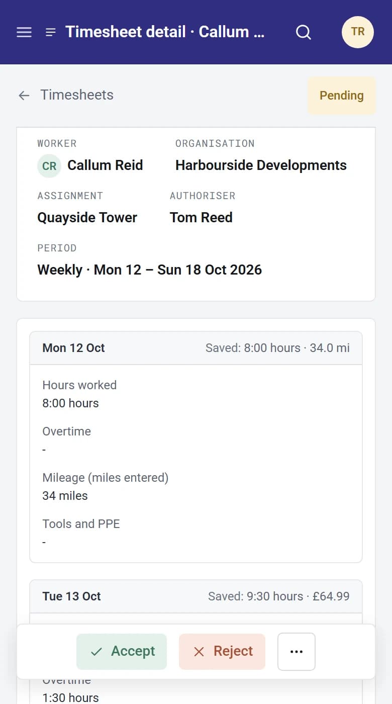 A client's authoriser on their phone, looking at Callum Reid's week at Quayside Tower: his hours, overtime, mileage and safety boots, with Accept and Reject at the bottom.