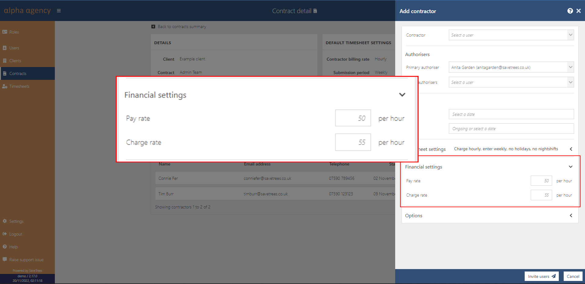 Financials view in the candidate adding screen
