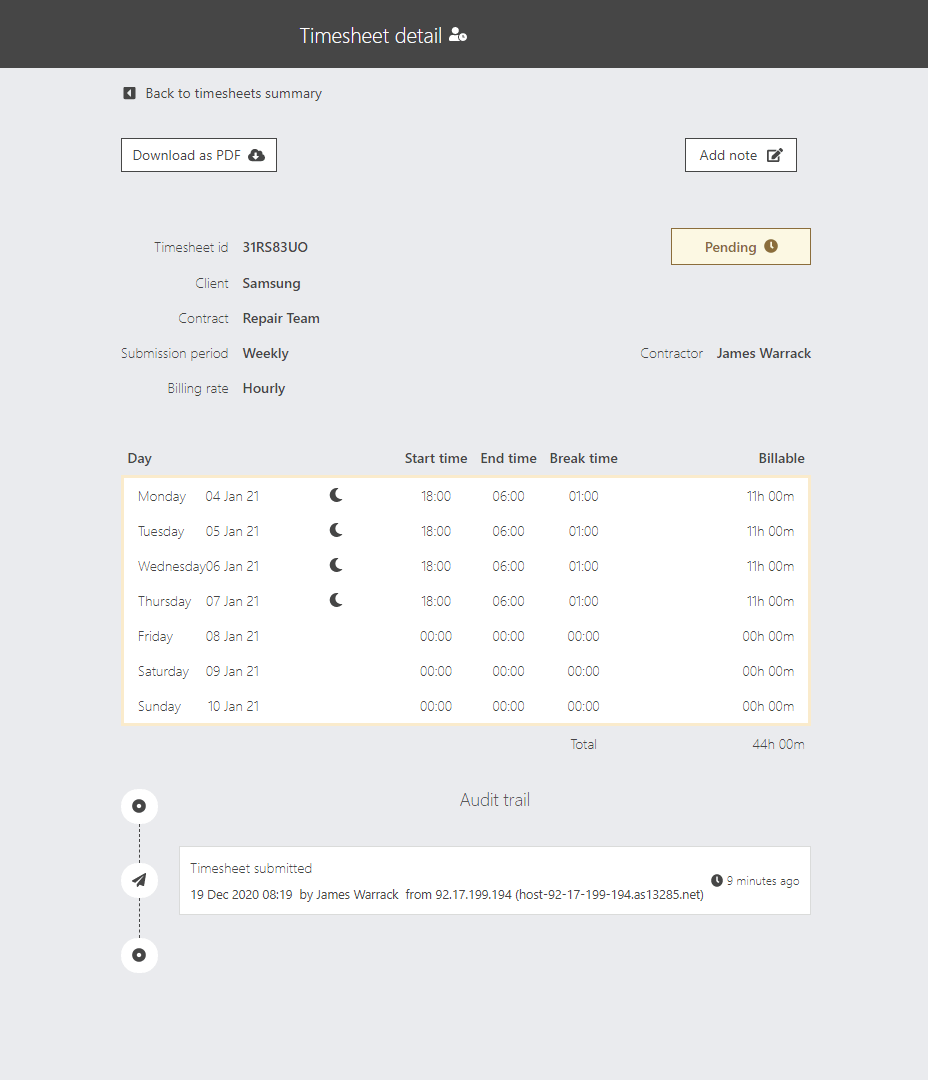 Timesheet detail with night shifts