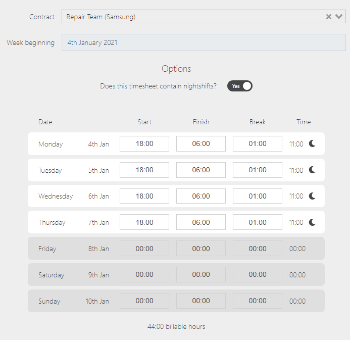 Night shift timesheet screenshot