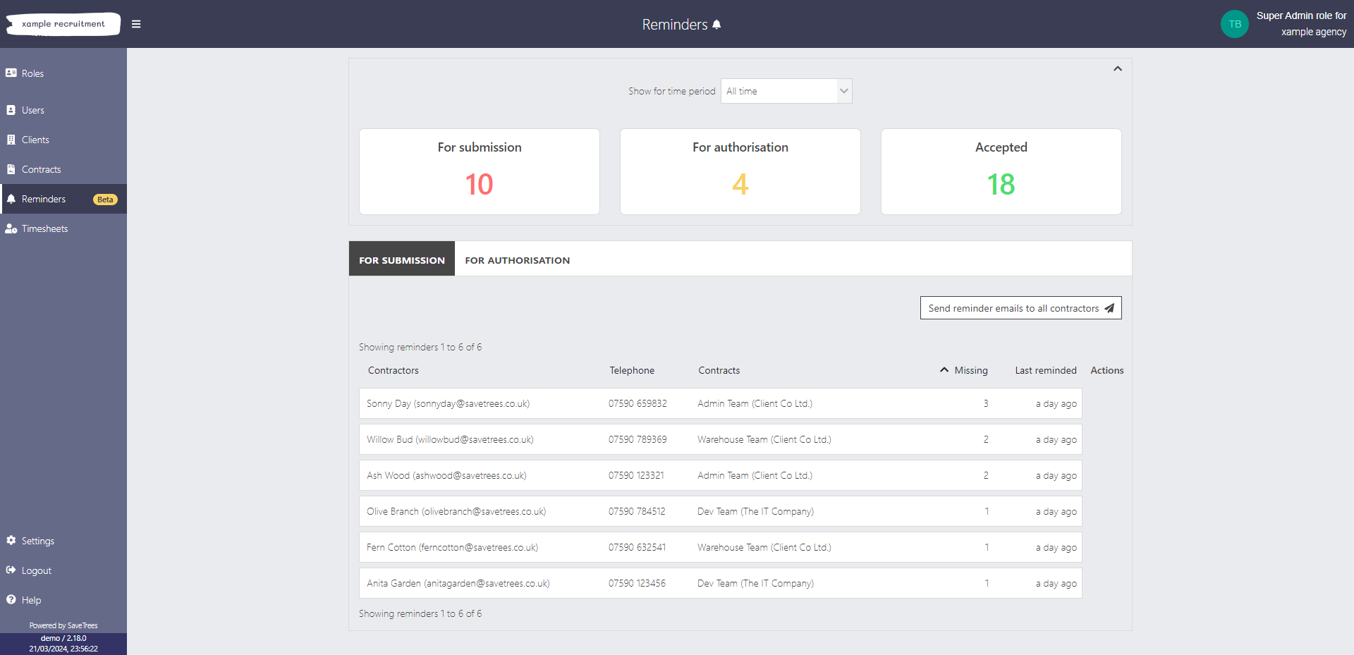 Reminders screen showing unsubmitted timesheets