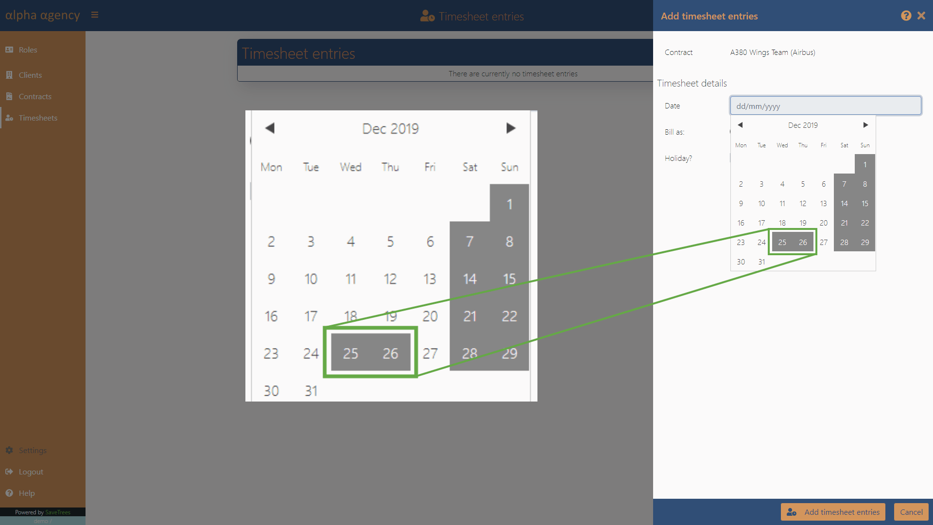 Timesheet warnings showing bank holiday alert
